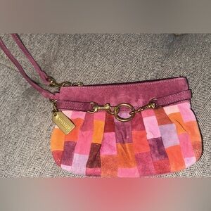 Coach Patchwork Suede Wristlet Burgundy Multicolor Gold Hardware